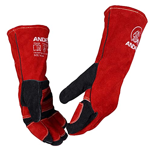 Guantes de soldador de forja de cuero, con costuras de Kevlar, guantes para soldador Mig/Stick/Tig/barbacoa/manejo de animales (14 pulgadas, rojo-negro)