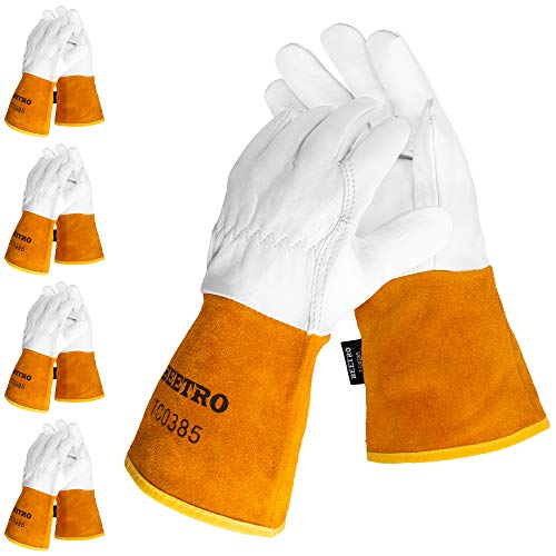 Guantes de  soldador Tig de piel de cabra con cuero de vaca extra largo, resistente al calor/fuego, barbacoa/almacén/resistente/guantes de manejo de animales, extremadamente suaves y flexibles, 1 par