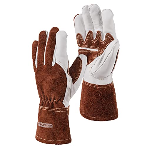 Guantes de soldador específicos TIG de cuero de grano de 12 pulgadas, guantes resistentes al calor y al fuego para soldador, guantes de piel de cabra para soldador, soldadura TIG, parrilla, chimenea, horno, barbacoa (M)