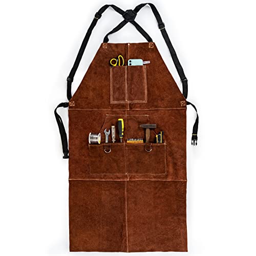 Delantal de cuero para soldar, con bolsillos para herramientas, resistente al calor, resistente al fuego, delantales de herrero, ajustables para soldadores, hombres y mujeres, longitud de 41 pulgadas, Marrón, 23.6