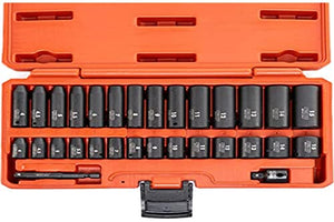 NEIKO 02481A 1/4" Drive Impact Socket Set | 30 Piece | Metric Sizes 4 – 15 MM | Deep and Standard Shallow Sockets | Chrome Vanadium Steel | 3/8” to 1/4” Reducer | Hex Shank Socket Impact Adapter