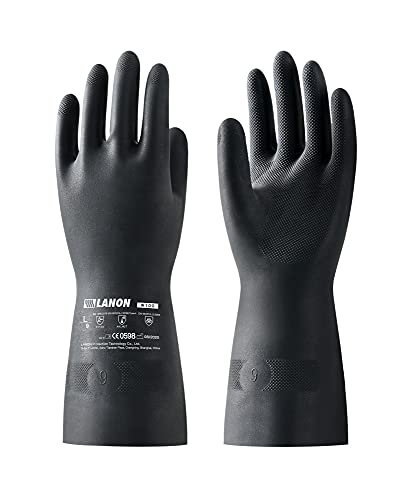 LANON - Guantes de protección resistentes a productos químicos, látex antideslizante de limpieza, resistentes a ácidos fuertes, alcalinos y aceite, guantes de trabajo de seguridad de 28 mil, guantes resistentes de 12.6 pulgadas, color negro