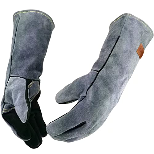 Guantes de soldador de forja de cuero, resistentes al calor y al fuego, guantes para barbacoa, horno, parrilla, chimenea, Tig, Mig, hornear, horno, estufa, soporte de olla, guante de manipulación de animales, color negro y gris
