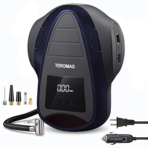 Teromas - Compresor de aire inflador de neumáticos, bomba de aire portátil CC/CA para neumáticos de coche 12 V CC y otros inflables en casa 110 V CA, bomba eléctrica digital de neumáticos con manómetro (azul)