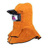 Capucha  soldador de cuero, capucha de soldador de cuero, casco de soldador con lente de filtro de oscurecimiento automático, casco de soldadura de gorra de trabajo, amarillo (cara completa + cobertura de hombro del cuello)