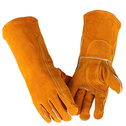 Guantes de soldador resistentes al calor, 16 pulgadas guantes de soldadura cuero de guantes de trabajo de seguridad de cuero para barbacoa, horno, soldador Tig, jardín y manejo de animales
