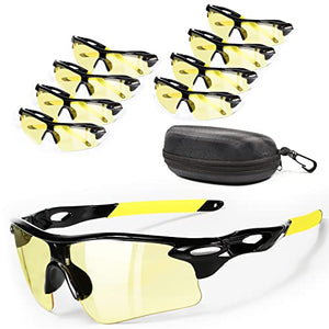 ROCKSAFE Gafas de seguridad (ámbar) de policarbonato resistentes a impactos y arañazos, gafas protectoras envolventes con bloqueo UV [paquete de 8]