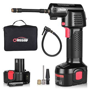 Oasser Compresor de aire inflador de neumáticos para bicicleta, compresor de aire eléctrico portátil con batería de 2200 mAh, pantalla LCD, 12 V, 110 V, 130 PSI, bolsa de almacenamiento, guantes P2
