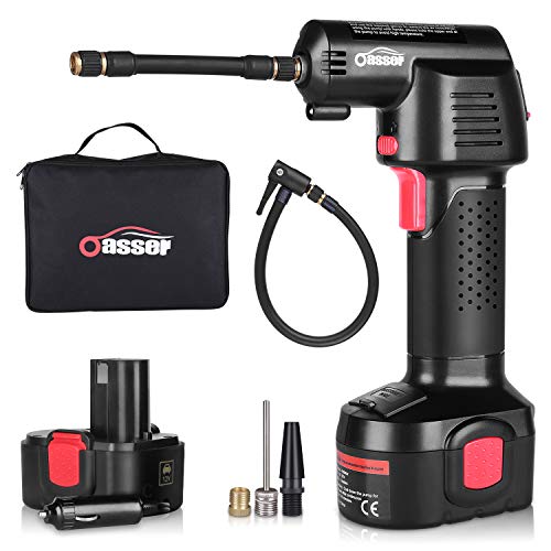 Oasser Compresor de aire inflador de neumáticos para bicicleta, compresor de aire eléctrico portátil con batería de 2200 mAh, pantalla LCD, 12 V, 110 V, 130 PSI, bolsa de almacenamiento, guantes P2