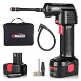 Oasser Compresor de aire inflador de neumáticos para bicicleta, compresor de aire eléctrico portátil con batería de 2200 mAh, pantalla LCD, 12 V, 110 V, 130 PSI, bolsa de almacenamiento, guantes P2