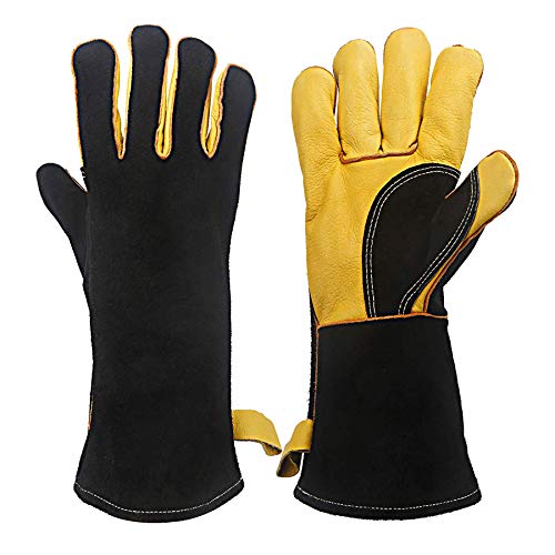 Guantes de soldador  piel resistentes al calor y al fuego con costuras de Kevlar, guantes perfectos para soldadura/horno/parrilla/barbacoa/chimenea/estufa/soporte para ollas/soldadora/manipulación de animales, (14 pulgadas-negro)