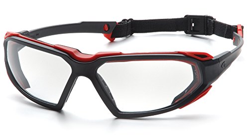 Pyramex Highlander - Lentes de seguridad transparentes antivaho con marco negro y rojo