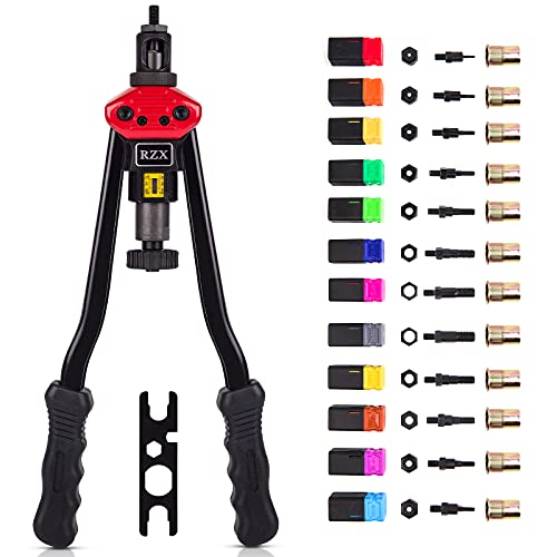 RZX Remachadora de 16 pulgadas, remachadora de mano con sistema de ajuste de tuercas, 12 mandriles M3, M4, M5, m6, m8, m10 M12, 10-24, 1/4-20, 5/16-18,3/8-16 ,1/2-13 + 115 unidades. Remaches Tuercas …