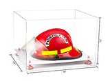 Casco de bombero, acrílico transparente, con elevadores rosa y base blanca