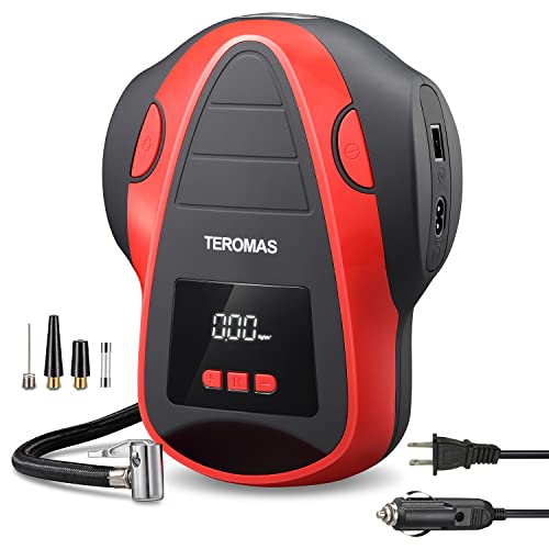 TEROMAS Compresor de aire inflador de neumáticos, bomba de aire portátil CC/CA para neumáticos de coche 12 V CC y otros inflables en casa 110 V CA, bomba eléctrica digital con medidor de presión (rojo)