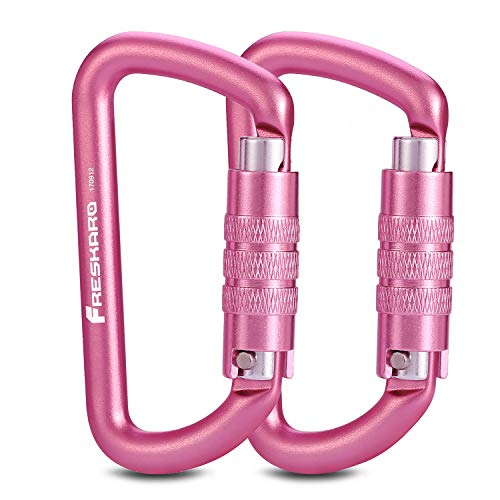 FresKaro Mosquetón de bloqueo de 3 pulgadas con bloqueo automático giratorio, resistente nominal de 2700 libras, ligero y resistente al óxido aluminio 7075, para hamacas, columpios de yoga, camping, llavero o mochilas. 2 unidades, rosa.