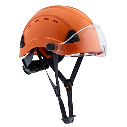 Casco duro de seguridad con visera – Casco ventilado aprobado por ANSI Z89.1 – Suspensión de trinquete de 6 puntos, perfecto para la construcción (visera transparente naranja 03)