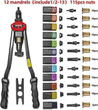 RZX Remachadora de 16 pulgadas, remachadora de mano con sistema de ajuste de tuercas, 12 mandriles M3, M4, M5, m6, m8, m10 M12, 10-24, 1/4-20, 5/16-18,3/8-16 ,1/2-13 + 115 unidades. Remaches Tuercas …