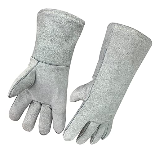 Guantes de soldador de cuero dividido de vaca resistentes al calor y al fuego, guantes de trabajo de seguridad de cuero de 14 pulgadas para barbacoa, horno, soldador Tig, manejo de jardín y animales (gris)