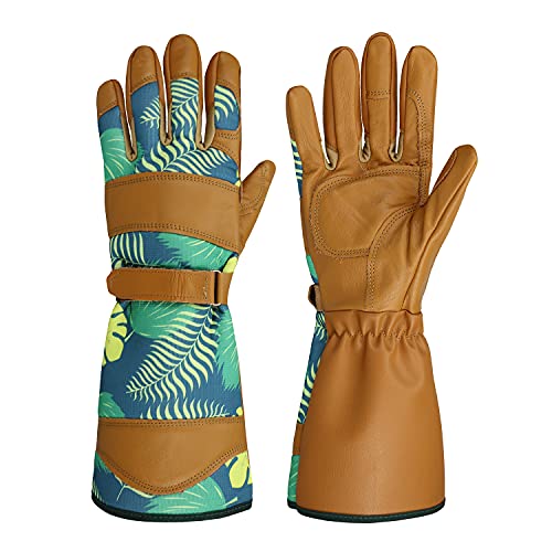 OLSON DEEPAK - Guantes de jardinería para mujer con piel de vacuno de grano para trabajo en el patio (puños largos y medianos)