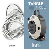 Black + Decker Retractable Extension Cord, 25 ft, 4 Outlets, 2 USB Ports (2.1A), 16AWG SJT Cable - Compact Power Cord Reel with Multi-Plug Extension, On/Off Switch - Retracting Extension Cord Wheel