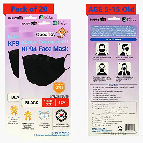 Paquete de 20 mascarillas desechables 3D premium para niños KF94, máscara para jóvenes, edad de 5 a 15 años, filtros de 4 capas, (1 máscara flexible gratis) Good Day, máscara antipolvo para cubrir la boca, paquetes individuales, fabricado en Corea. (20)