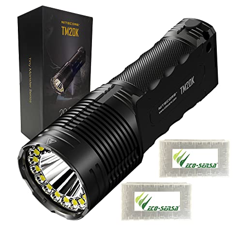 Nitecore TM20K - Foco de búsqueda LED táctica recargable USB-C de ultra alto rendimiento, 19 x CREE XP-L HD, 20000 lúmenes con 2 fundas de batería Eco Sensa gratis