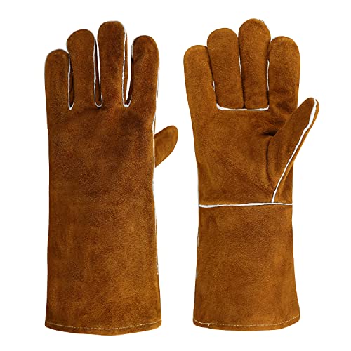 Guantes de soldador resistentes al calor, guantes de parrilla para horno de soldador, guantes para estufa de chimenea, color marrón - 35,5 cm