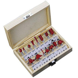 Juego de brocas fresadoras 15 fresas de carburo de tungsteno para carpintería (6,35 mm, con estuche de madera)