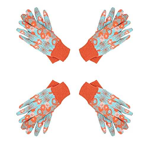 HANDLANDY Guantes de jardín de algodón para mujer, 4 pares de guantes de jardinería suaves con puntos de PVC, guantes de trabajo florales para patio (L, naranja)