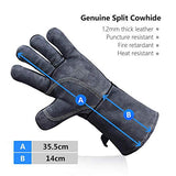 Guantes de soldador de forja resistentes al calor de 144 pulgadas de cuero vacuno – manga larga y forro de parrilla aislado para soldador Tig/Mig/Barbacoa/Huevo Verde/Estufa Gris