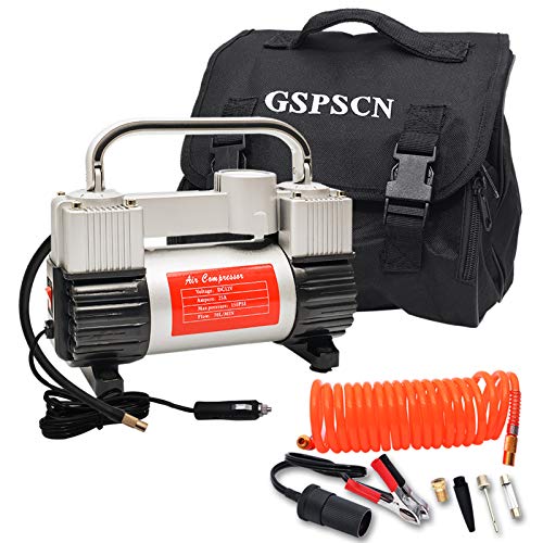 GSPSCN Inflador de neumáticos plateados de alta resistencia con bolsa portátil, bomba de compresor de aire de metal de 12 V, 150 PSI con adaptador para coche, camión, SUV, lancha, cama de aire, etc