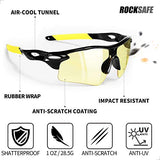 ROCKSAFE Gafas de seguridad (ámbar) de policarbonato resistentes a impactos y arañazos, gafas protectoras envolventes con bloqueo UV [paquete de 8]