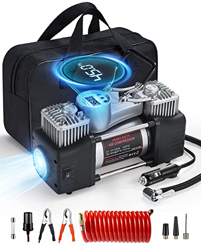 OlarHike Compresor de aire portátil de 12 V, inflador de neumáticos de doble cilindro de 150 PSI, bomba de neumáticos resistente con luz nocturna LED, apagado automático para todoterrenos/camiones