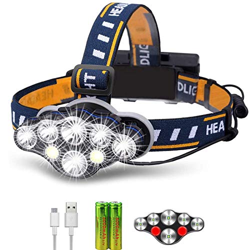 Rabbitstorm Linterna LED Frontal Lámpara Recargable Headlamp, 8 LED Linterna 8 Modos con Cable USB, Impermeable LED Cabeza Linterna Cabeza Luz Roja para Camping, Pesca, Reparación de Coche, Exterior
