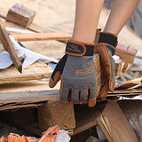 HANDLANDY Guantes de trabajo de cuero para hombres y mujeres, guantes de trabajo mecánico de seguridad utilitaria, pantalla táctil, guantes de trabajo flexibles y transpirables para patio (S, palma de piel de vacuno marrón)