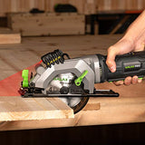 Sierra circular, GALAX PRO 4Amp 3500RPM minisierra circular con guía láser, máx. Profundidad de corte 1-11/16" (90°), 1-1/8" (45°) sierra compacta con hoja TCT de 4-1/2" 24T, adaptador de aspiradora, llave de hoja y guía de desgarro