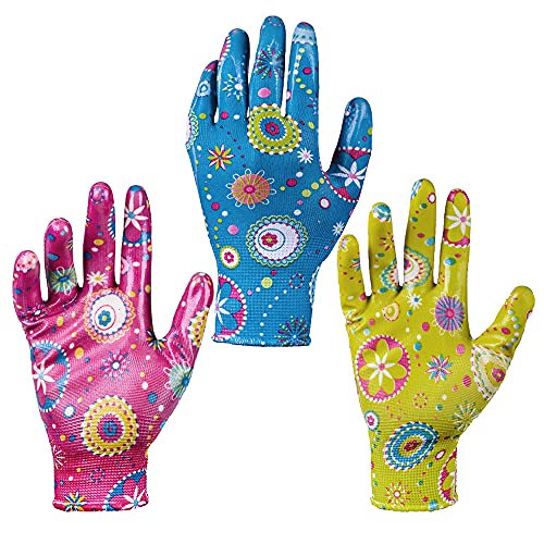 PROMEDIX Guantes de Trabajo para jardín de nitrilo Transparente, con Recubrimiento Flexible, Ligeros, Transpirables, se Ajustan a la mayoría de los tamaños de Guantes de jardín, 3 Pair