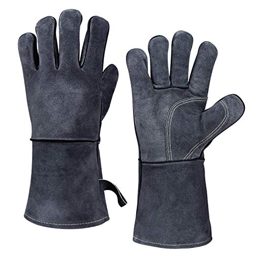 Guantes de soldador de forja resistentes al calor de 144 pulgadas de cuero vacuno – manga larga y forro de parrilla aislado para soldador Tig/Mig/Barbacoa/Huevo Verde/Estufa Gris