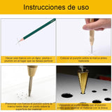 Broca Escalonada Conica HSS Acero Rapido Kit Taladro Juego 5 Brocas + Punzon Diseño de cuchillas de corte doble, 50 tamaños con carcasa de aluminio