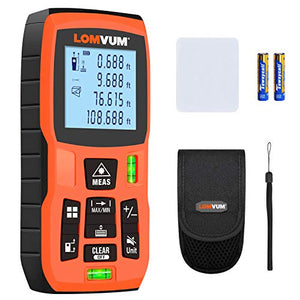 Medición láser LOMVUM 393 pies - Herramienta de medición láser con conmutación de unidad de M/in/pies, LCD retroiluminada, modo pitagórico, medida distancia, área y volumen, bolsa de transporte y batería incluida