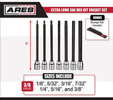 ARES 39006 - Juego de llaves hexagonales SAE extra largas - La broca S2 proporciona un mayor par de torsión - Práctico riel de almacenamiento incluido - Enchufes de acero al cromo vanadio tratado con calor