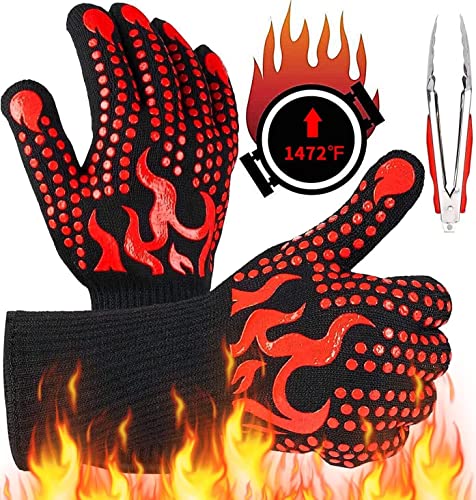 SPOWAY Guantes de Barbacoa, Guantes para Horno 800 °C / 1472 °F, Guantes Asador de Parrilla Aislamiento Térmico Altas Temperaturas, Antideslizantes, con Pinzas de Acero Inoxidable, para Barbacoa, Cocción, Horneado (Rojo)