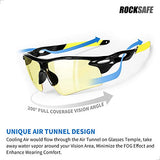 ROCKSAFE Gafas de seguridad (ámbar) de policarbonato resistentes a impactos y arañazos, gafas protectoras envolventes con bloqueo UV [paquete de 8]